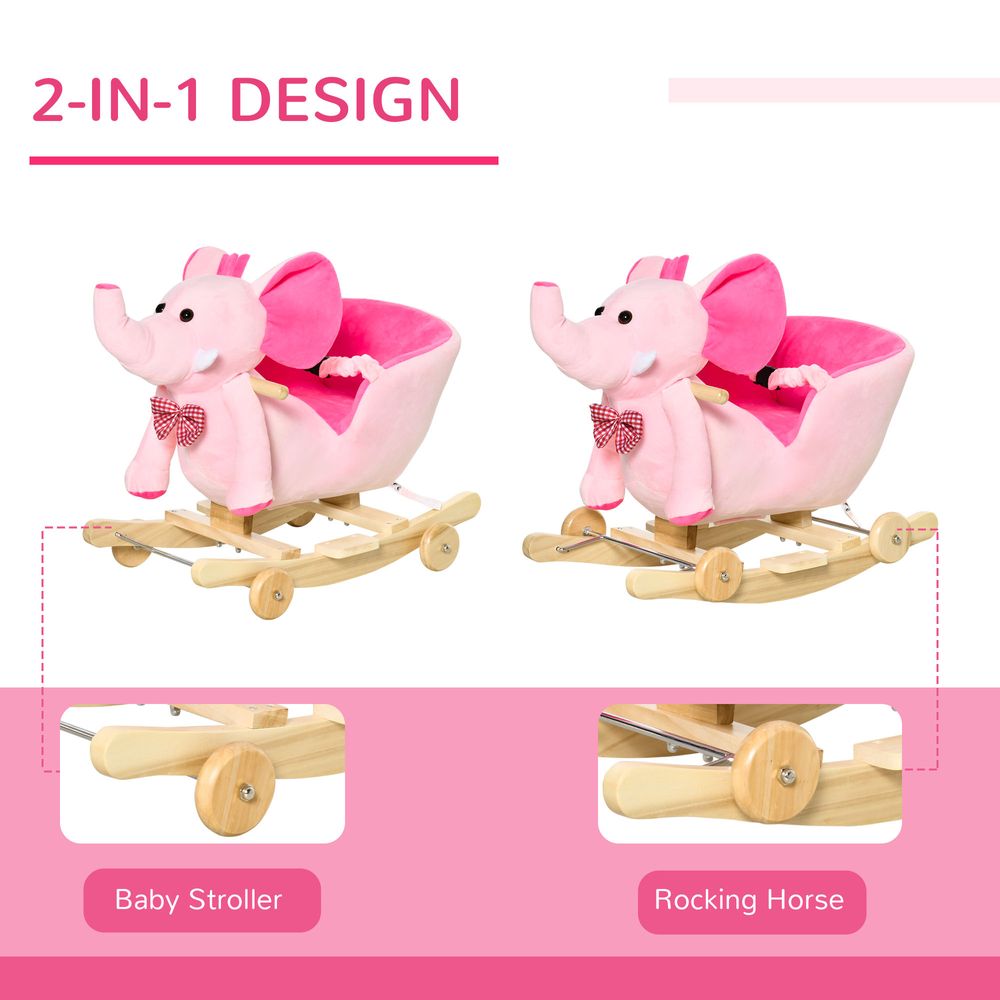 2-in-1 Baby Rocking Horse Ride On Elephant W/ Wheels Music, Pink - anydaydirect