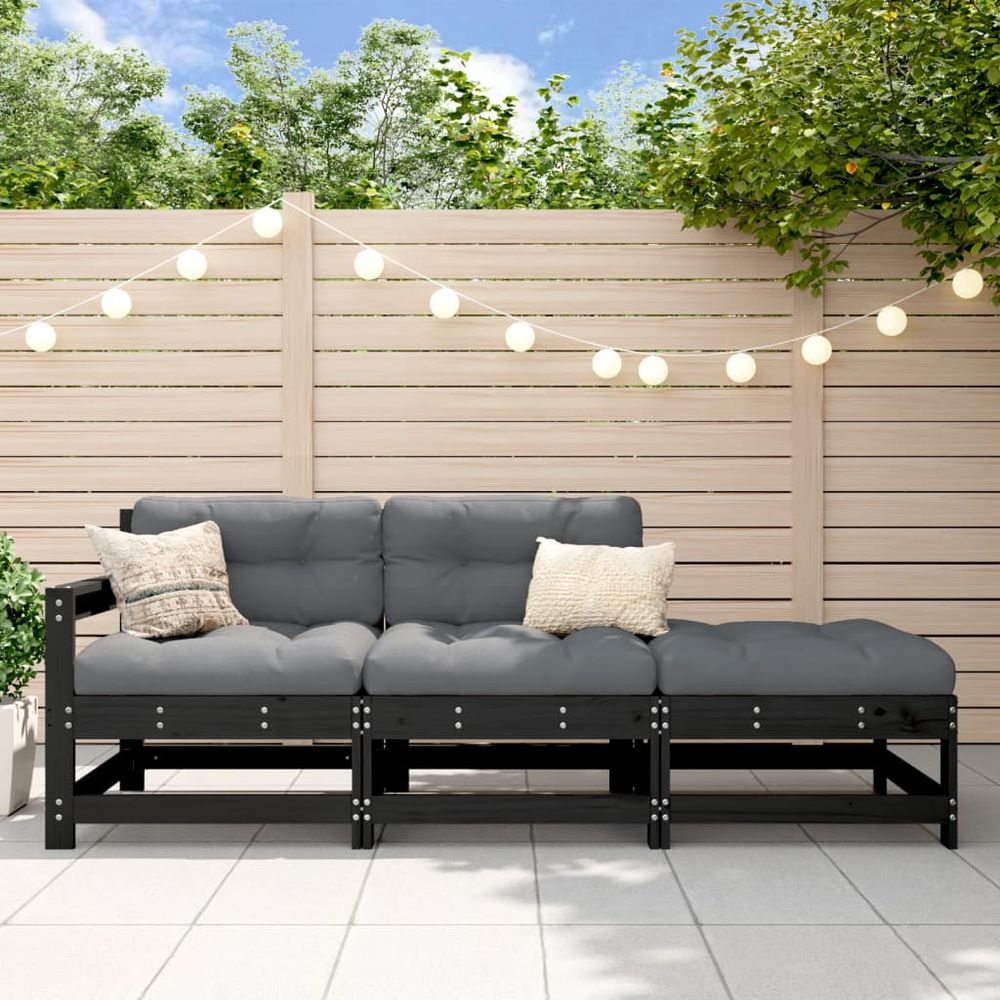 vidaXL 3 Piece Garden Lounge Set with Cushions Black Solid Wood - anydaydirect
