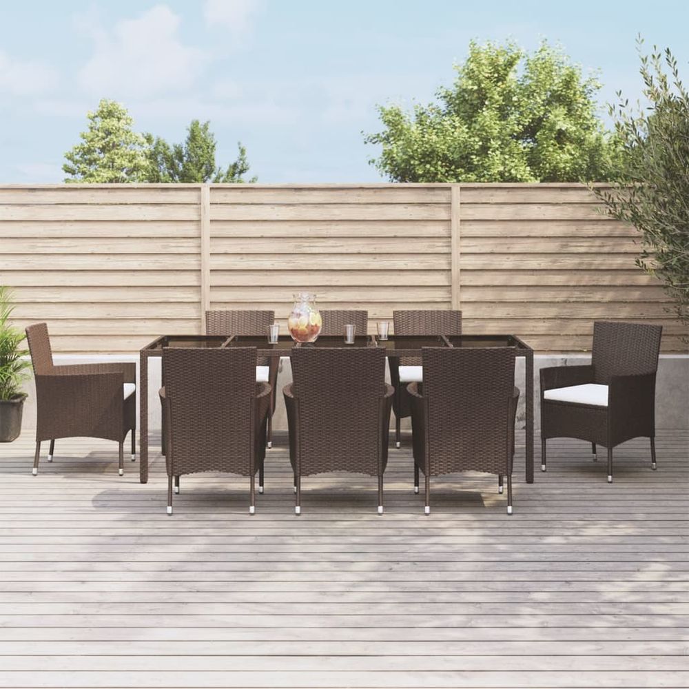 9 Piece Garden Dining Set with Cushions Brown Poly Rattan - anydaydirect