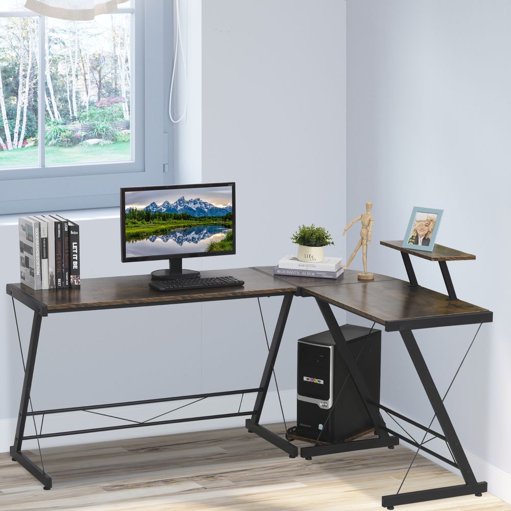 L Shaped Desk Round Corner Computer Gaming Table Workstation with Storage Shelf - anydaydirect