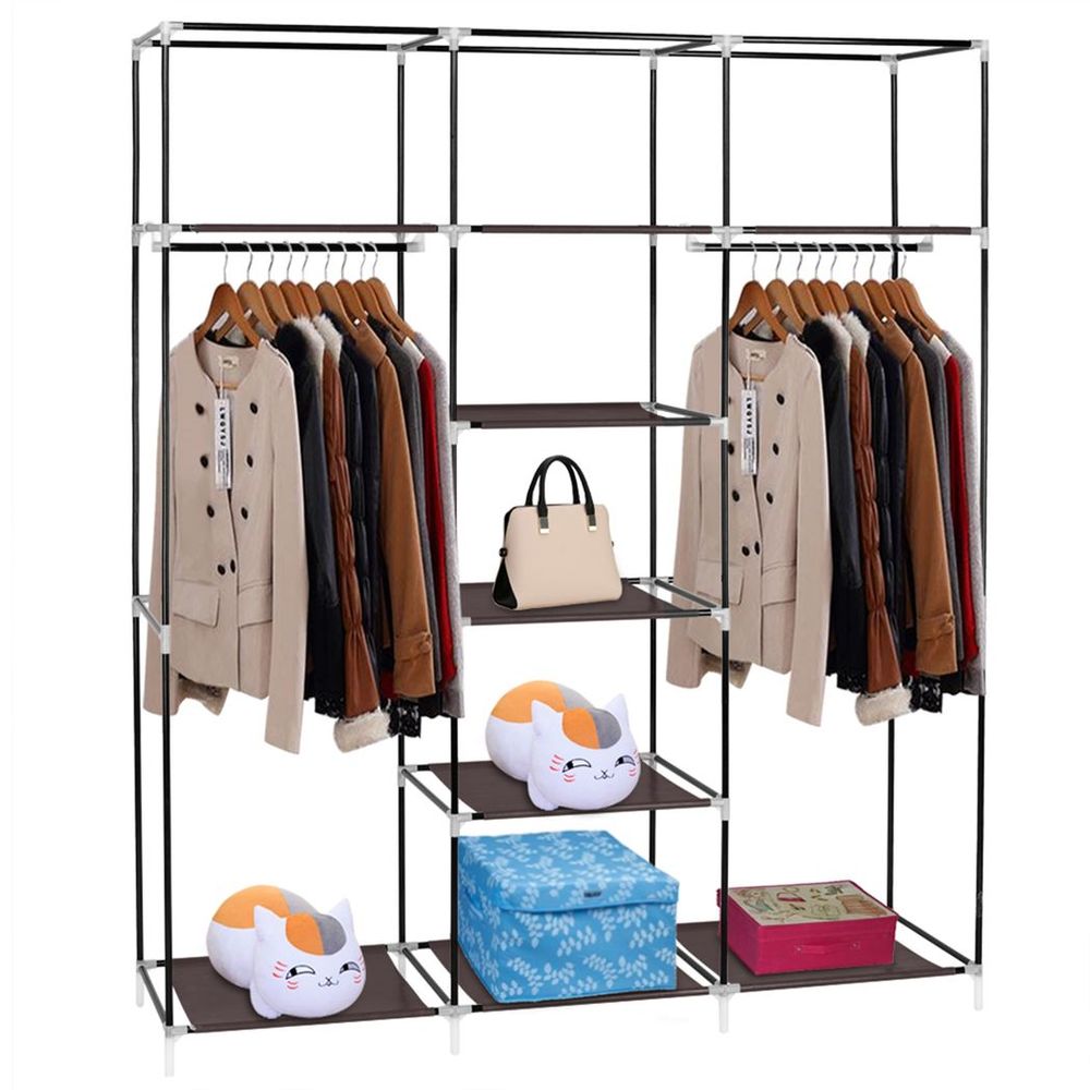 69" Portable Clothes Closet Non-Woven Fabric Wardrobe Double Rod Storage Organizer Dark Brown - anydaydirect