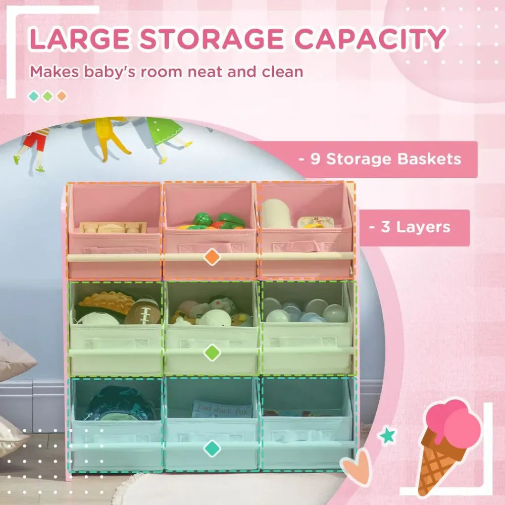 Kids Storage Unit with 9 Removable Storage Baskets for Nursery Playroom, Pink - anydaydirect