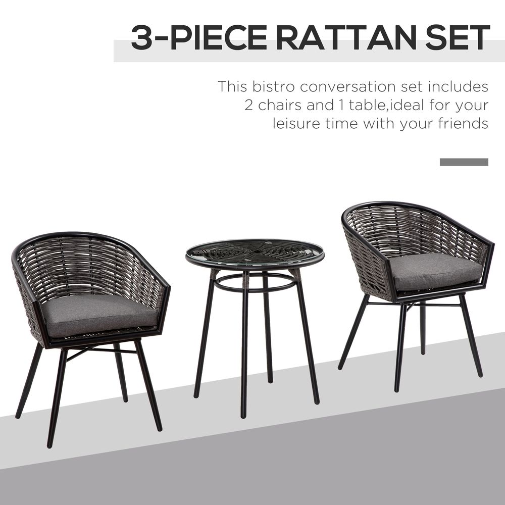 3Pc Rattan Bistro Set, Patio , w/ 2 Chairs & 1 Coffee Table , Grey - anydaydirect