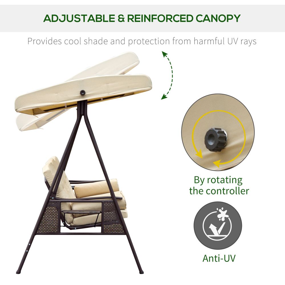Steel Swing Chair Garden 3 Seater Canopy Cushion Shelter Beige - anydaydirect