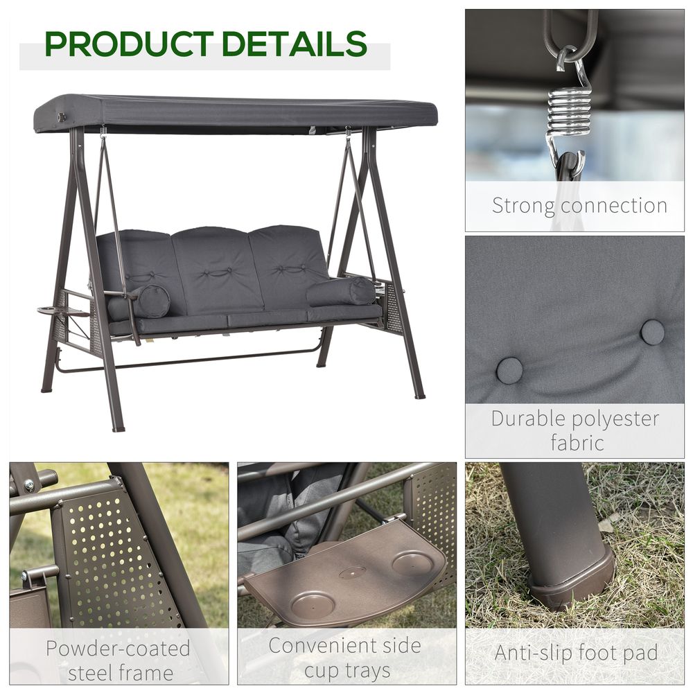 Steel Swing Chair Garden 3 Seater Canopy w/ Cushions Shelter - anydaydirect