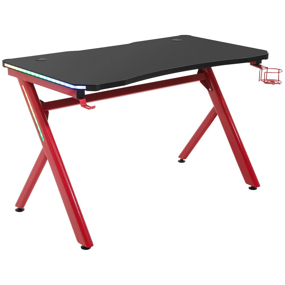 Gaming Desk Computer Table w/ LED Light, Cup Holder Headphone Hook Red - anydaydirect