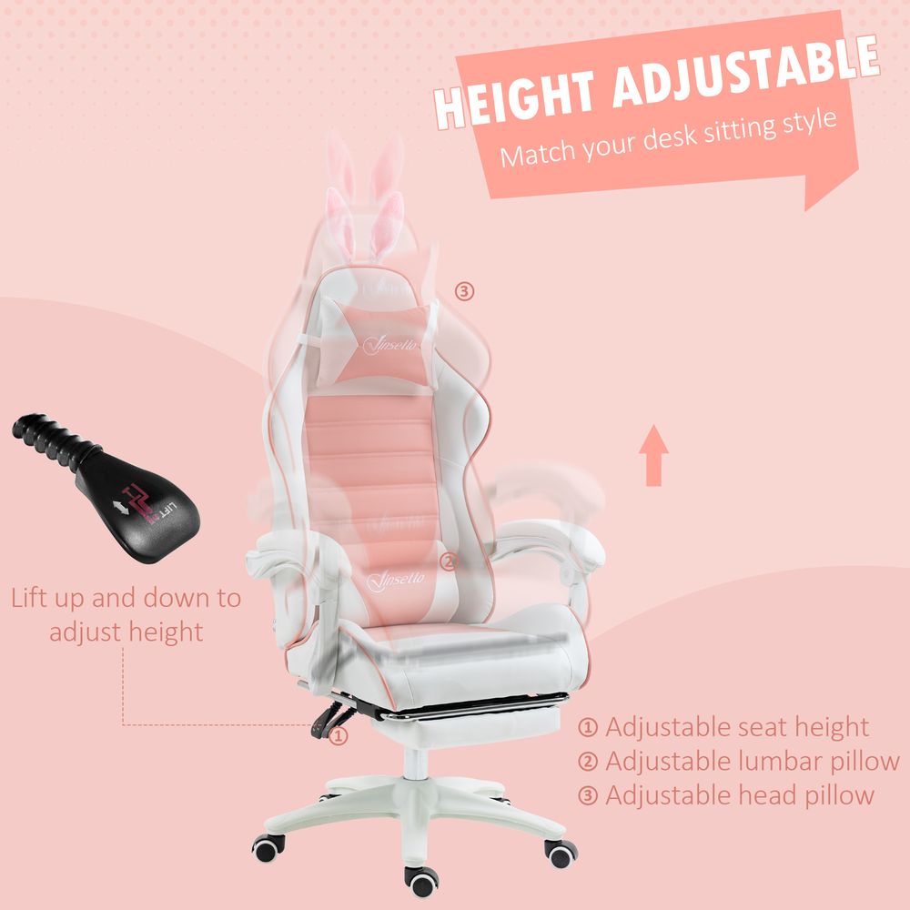 Vinsetto Racing Style Gaming Chair with Footrest Removable Rabbit Ears, Pink - anydaydirect