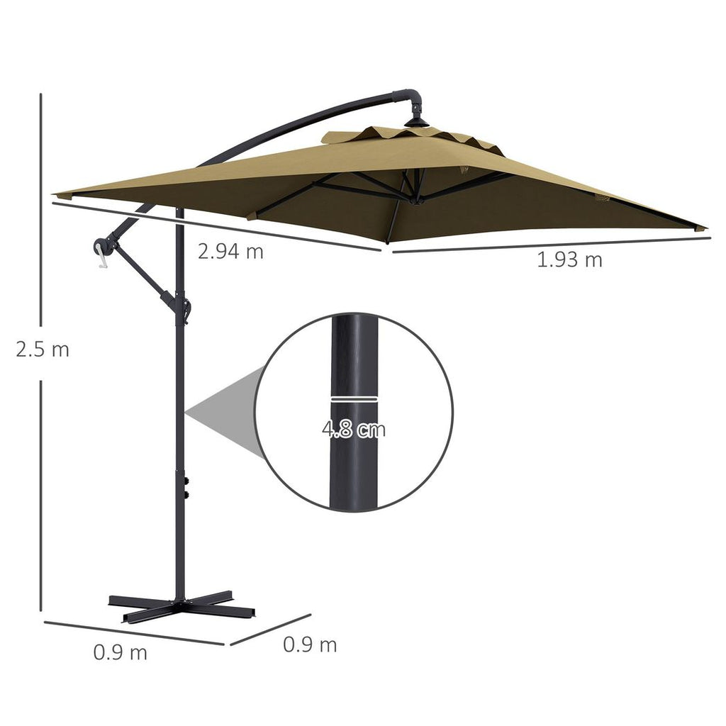 Outsunny 3 m Cantilever Parasol with Cross Base, Crank Handle, 6 Ribs, Brown - anydaydirect