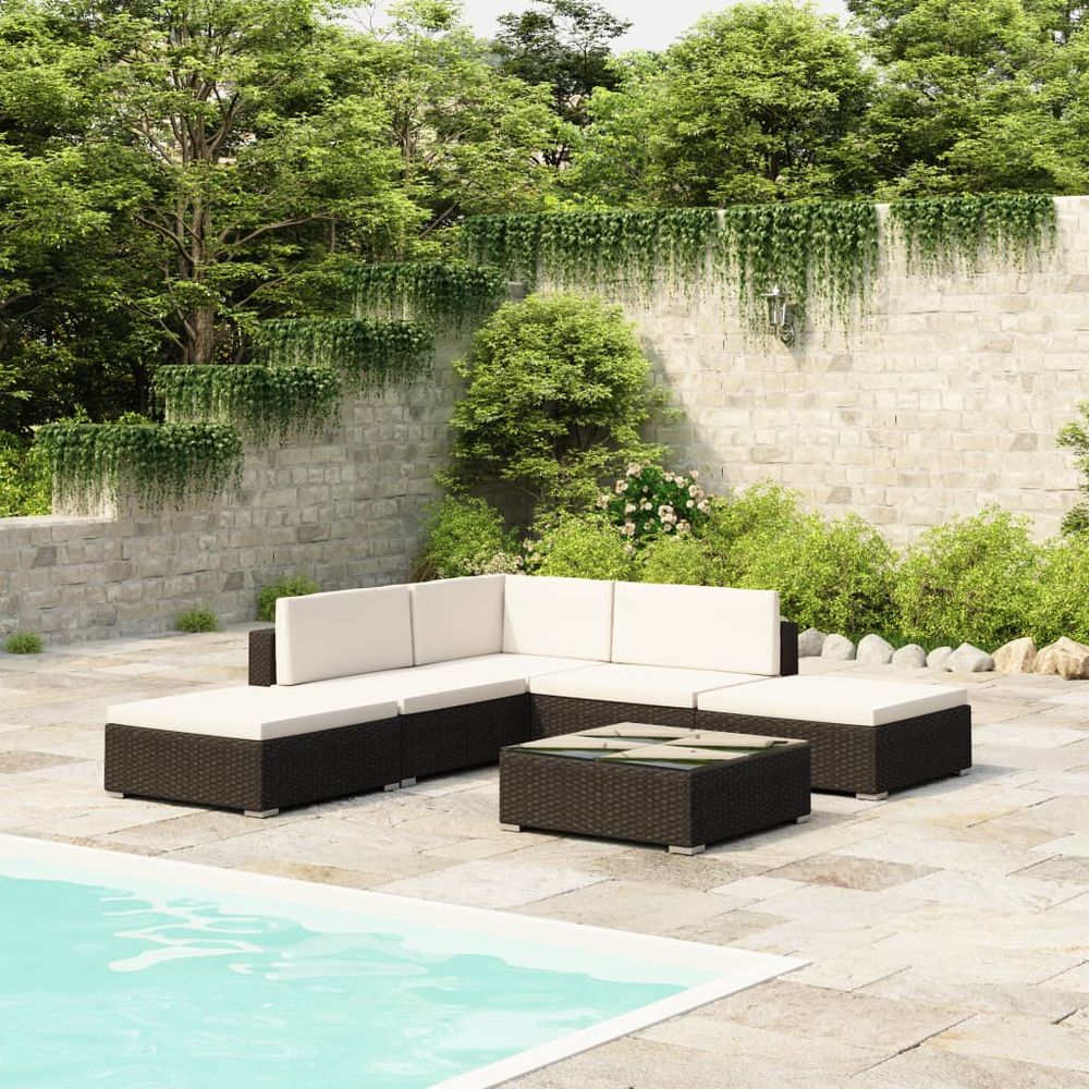 6 Piece Garden Lounge Set with Cushions Poly Rattan Black - anydaydirect