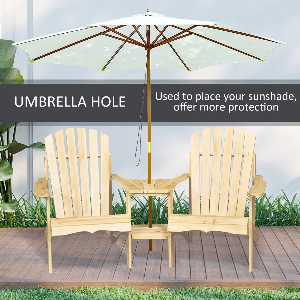 Wooden Double Adirondack Chairs Loveseat & Center Table & Umbrella Hole, Natural - anydaydirect