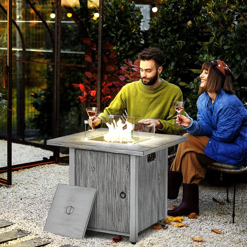 Outsunny Gas Fire Pit Table with 40,000 BTU Burner, Cover, Glass Screen, Grey - anydaydirect