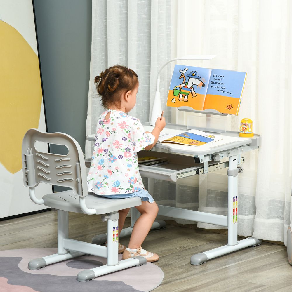 Kids Study Desk and Chair Set w/ USB Lamp, Adjustable Height - Grey - anydaydirect