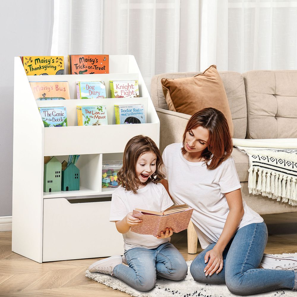 Children's Bookcase, Toy Organiser w/ Wheels, for Bedroom - White - anydaydirect