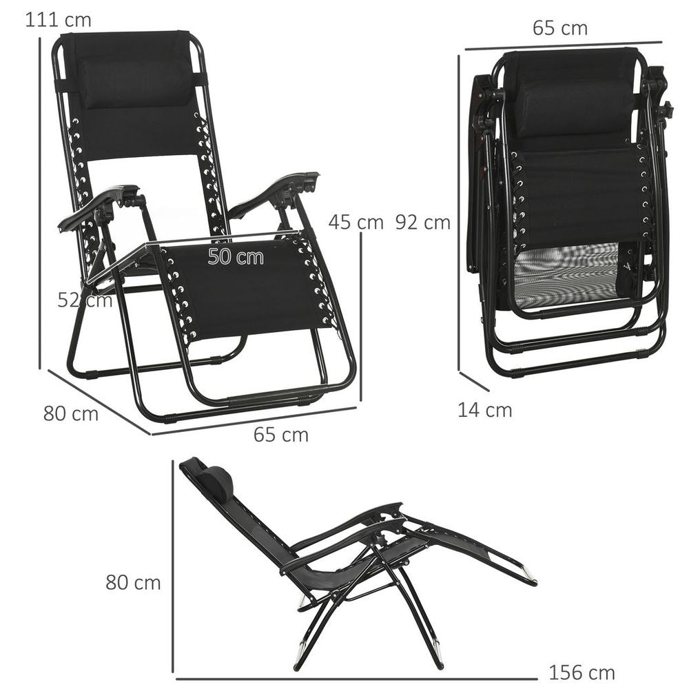 Foldable Garden Recliner Chair Set of 2 w/ Footstool & Headrest, Black - anydaydirect