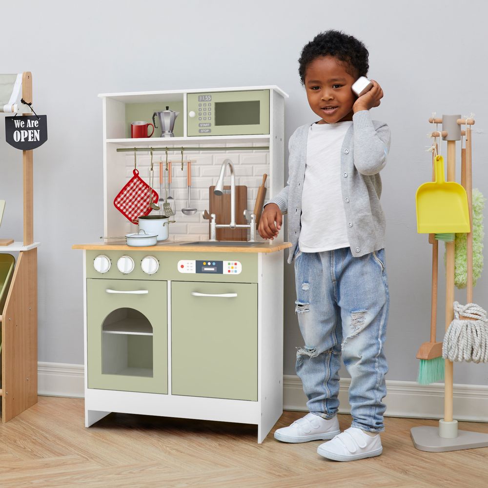 Wooden Kitchen Playset with Interactive Features & 9 Accessories - anydaydirect