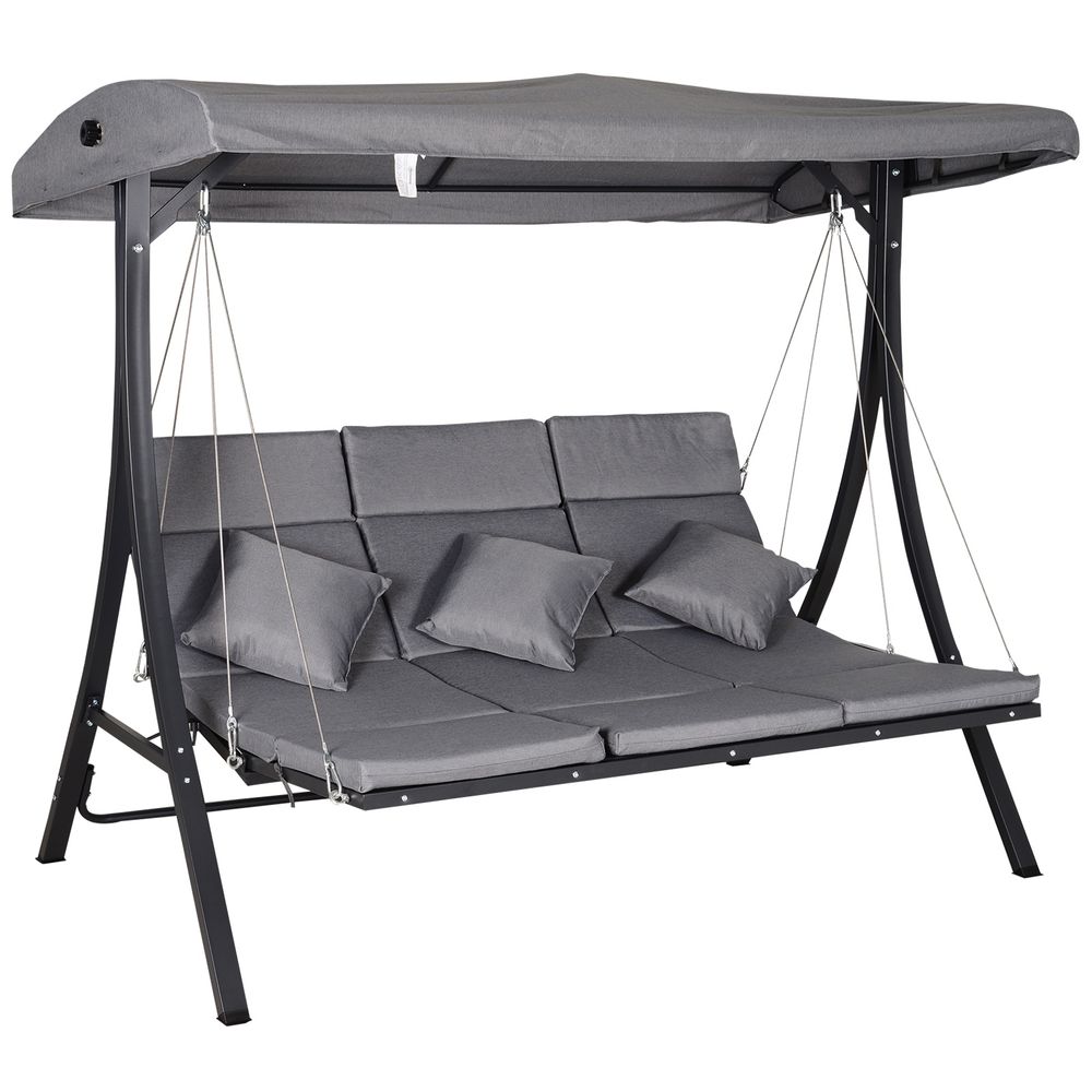 Steel Pipe 3-Seater Outdoor Garden Recliner Swing Chair Grey - anydaydirect
