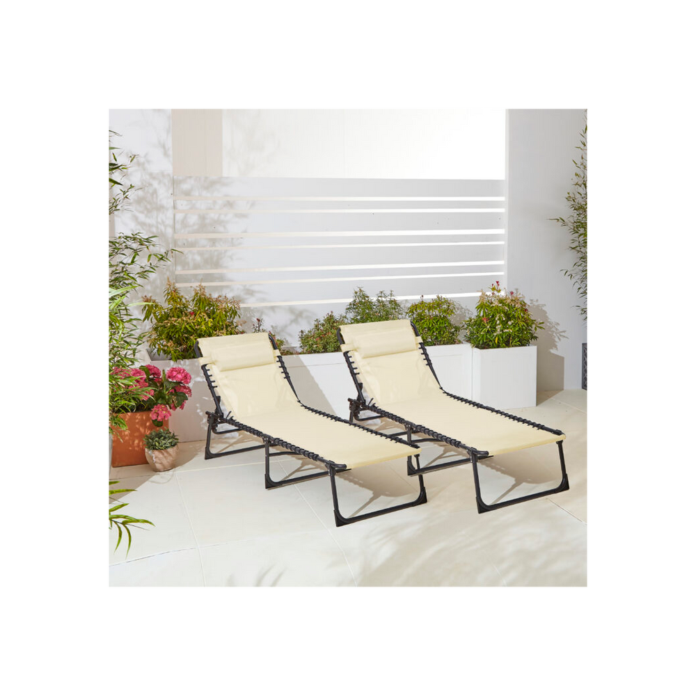 Neo Pair of Cream Outdoor Garden Folding Sun Loungers - anydaydirect
