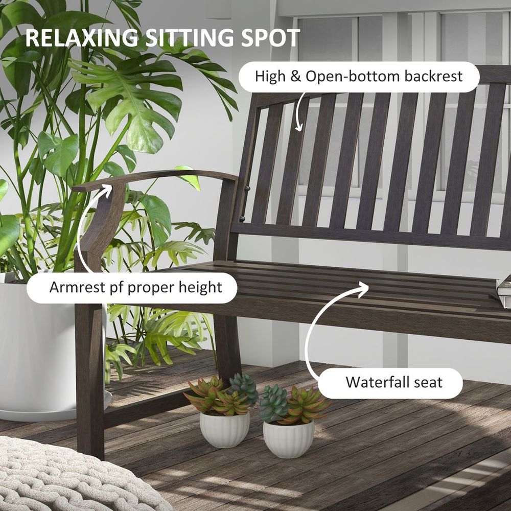 Outsunny Garden Bench with Slatted Seat and Backrest, Curved Armrest, Brown - anydaydirect