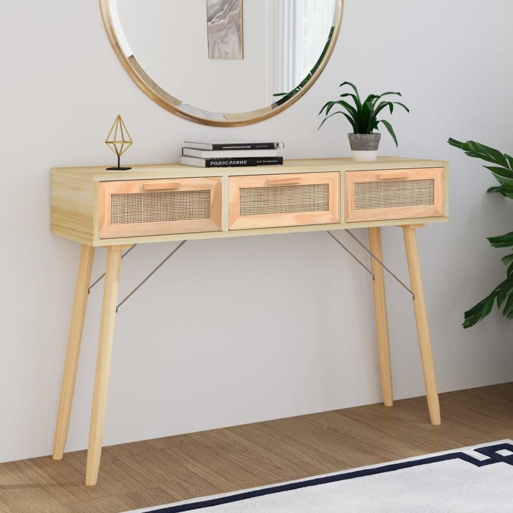 Console Table White 105x30x75 cm Solid Wood Pine&Natural Rattan - anydaydirect