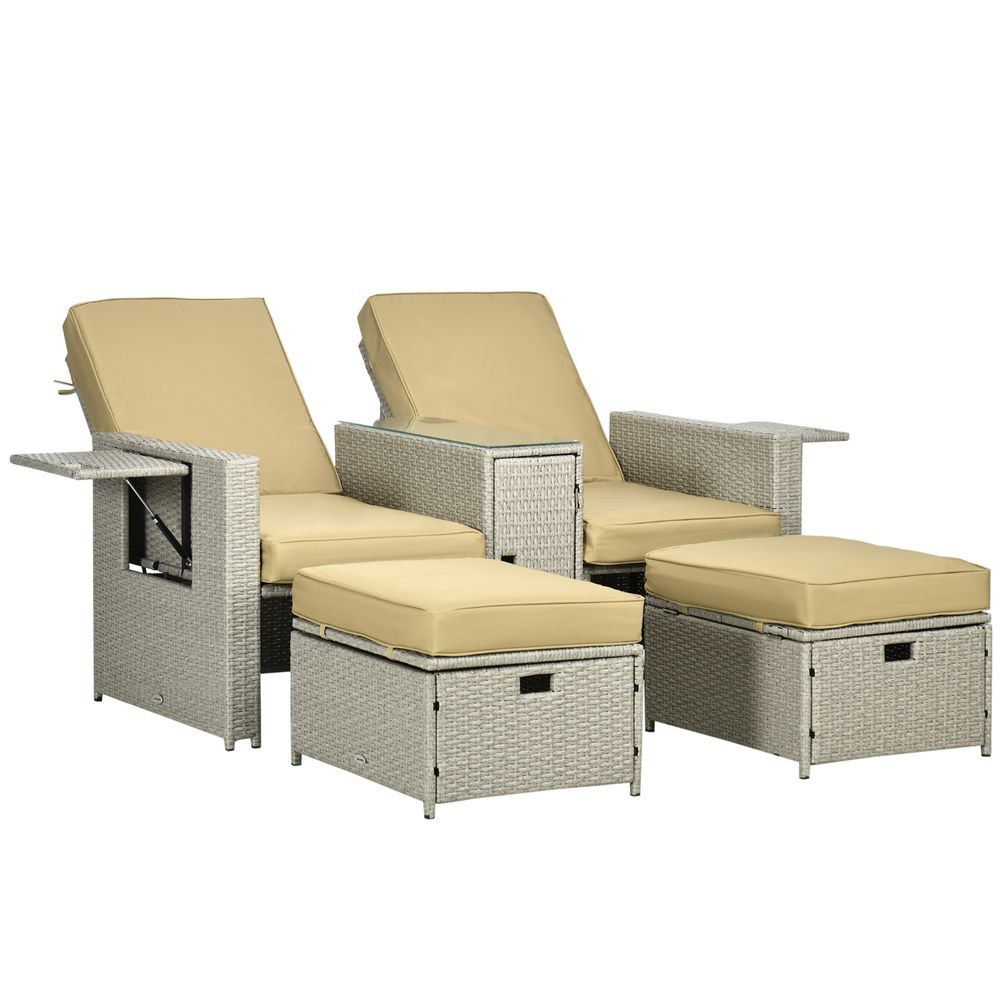 5-level Adjustable Rattan Sun Lounger w/ Storage Tea Table & Footstools, Beige - anydaydirect