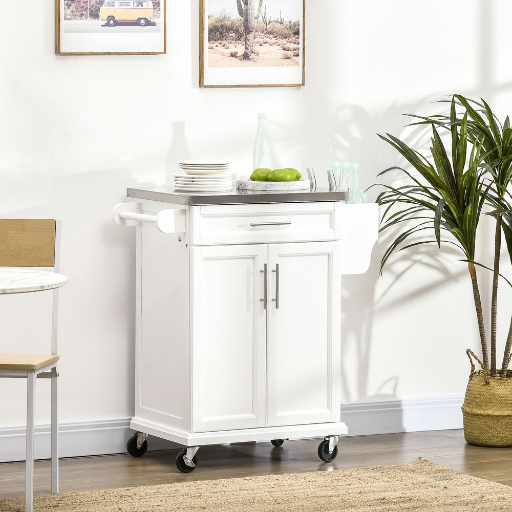 Rolling Kitchen Cart Storage Trolley with Drawer Towel Rail Steel White - anydaydirect