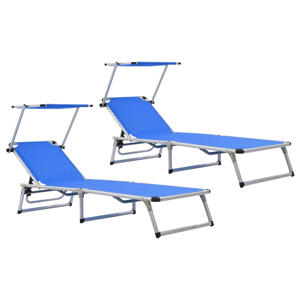 Folding Sun Loungers with Roof 2 pcs Aluminium&Textilene Blue - anydaydirect