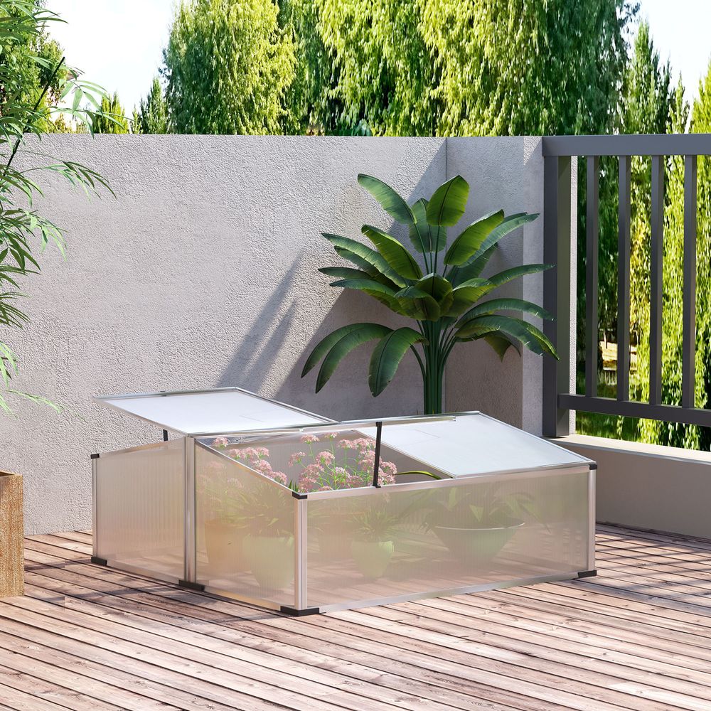 Polycarbonate Greenhouse Aluminium Independent Opening Tops120x100x41cm, Silver - anydaydirect