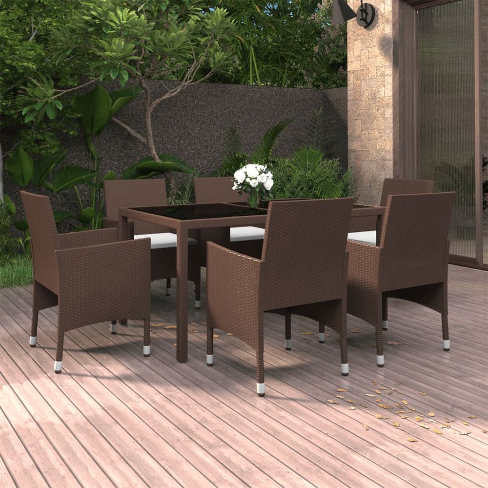 7 Piece Garden Dining Set Poly Rattan and Tempered Glass Brown - anydaydirect