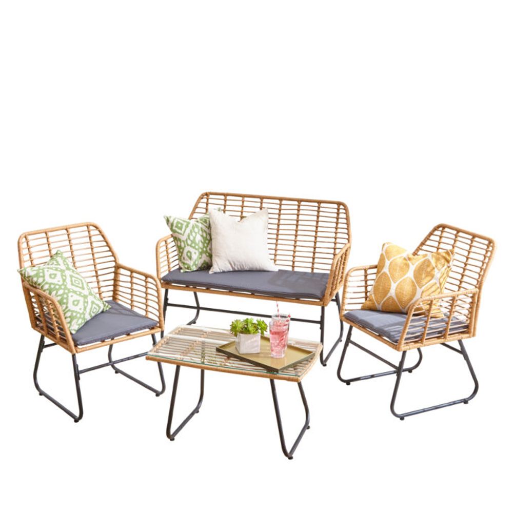 Neo Grey Bamboo Style Garden Sofa, Table & Chairs 4 Piece Set - anydaydirect
