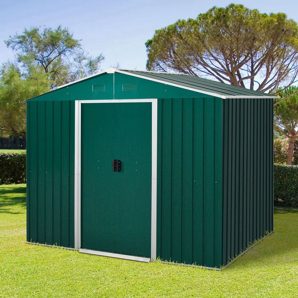 Outdoor Garden Roofed Metal Storage Shed Tool Box Ventilation & Sliding Doors - anydaydirect