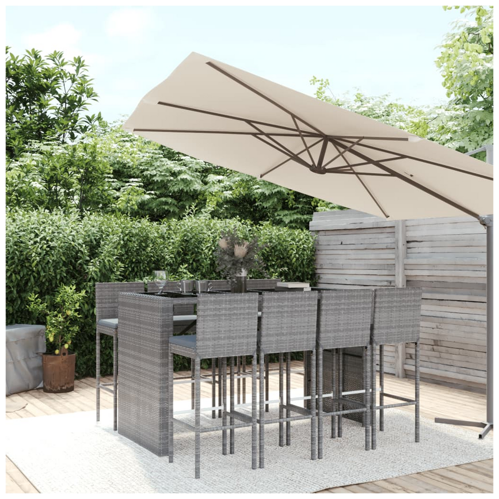 vidaXL 9 Piece Garden Bar Set with Cushions Grey Poly Rattan - anydaydirect