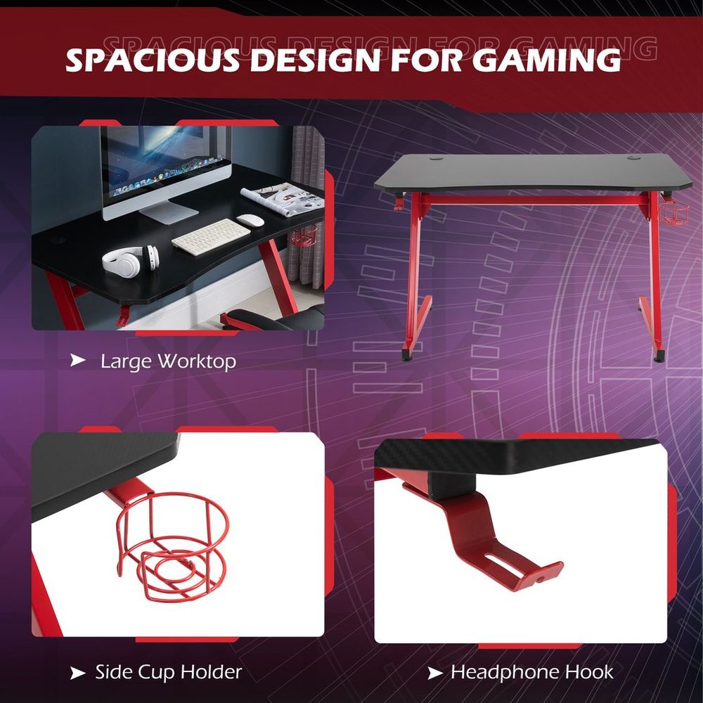 Gaming Desk Steel Frame Cup Headphone Holder Adjustable Feet Home Red - anydaydirect
