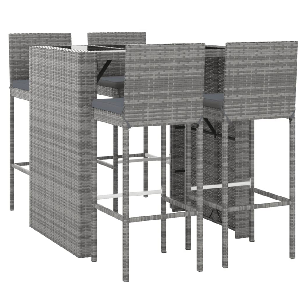 vidaXL 5 Piece Garden Bar Set with Cushions Grey Poly Rattan - anydaydirect