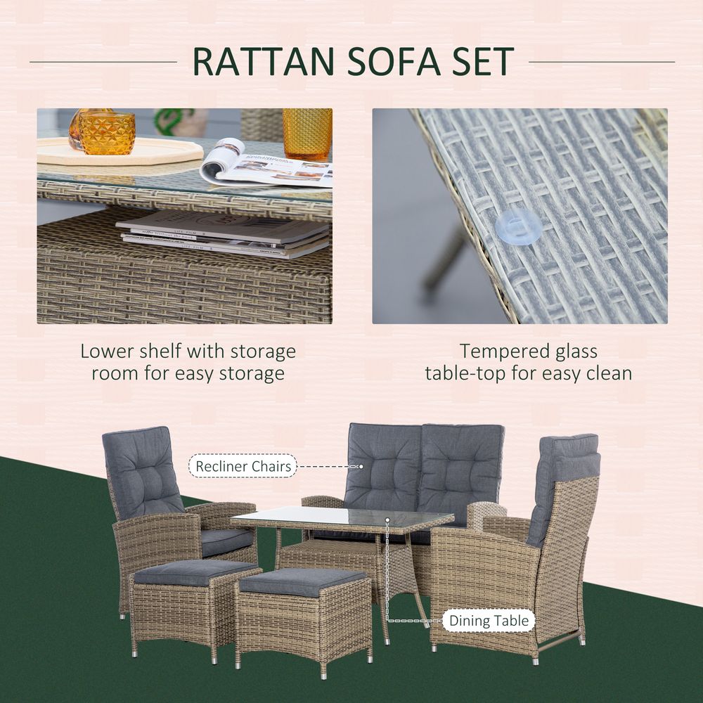6 Pieces PE Rattan Dining Set, Tempered Glass Table Mixed Grey - anydaydirect