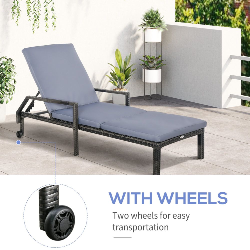 Mixed Grey Rattan Sun Lounger Garden Furniture w/ Adjustable Backrest & Wheels - anydaydirect