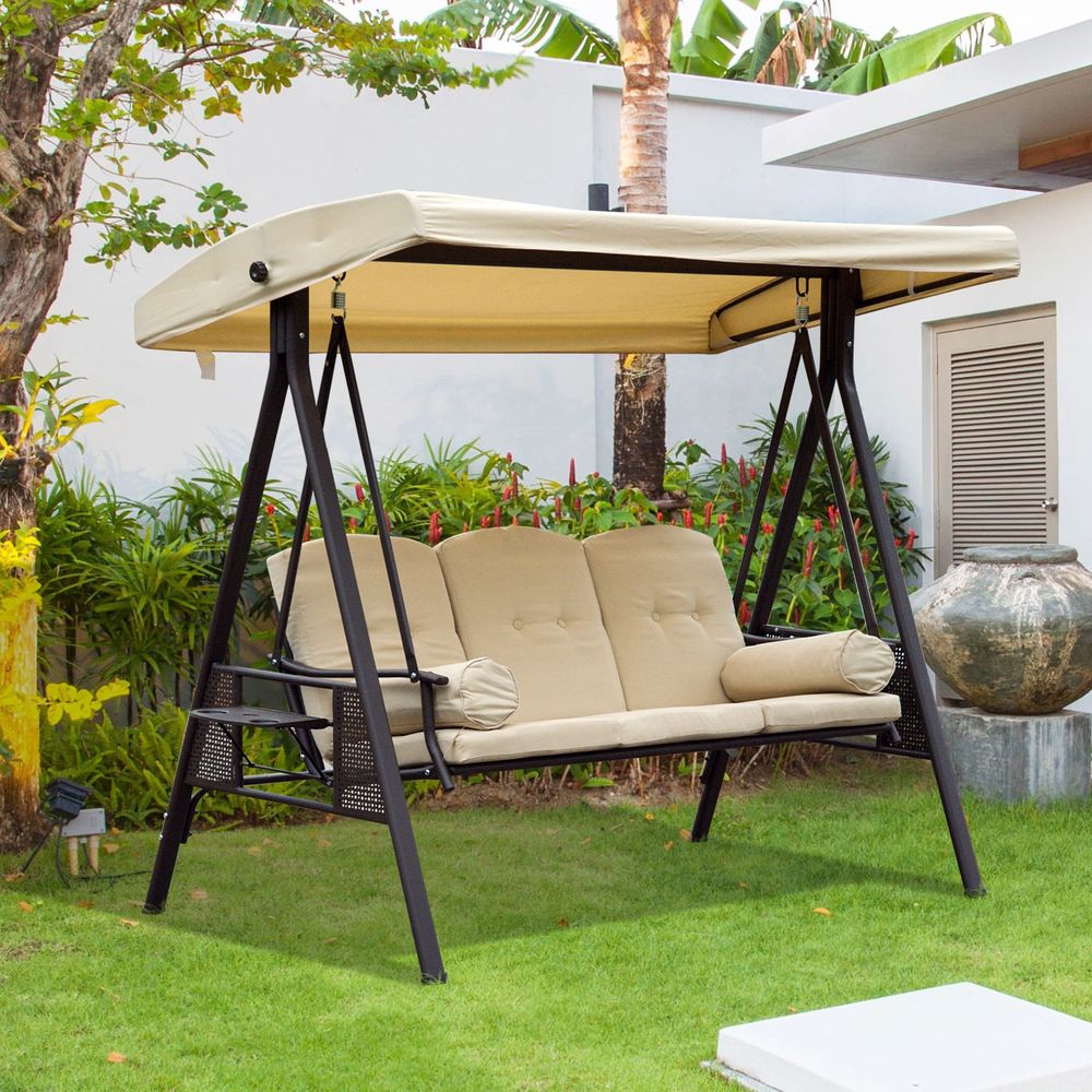 Steel Swing Chair Garden 3 Seater Canopy Cushion Shelter Beige - anydaydirect