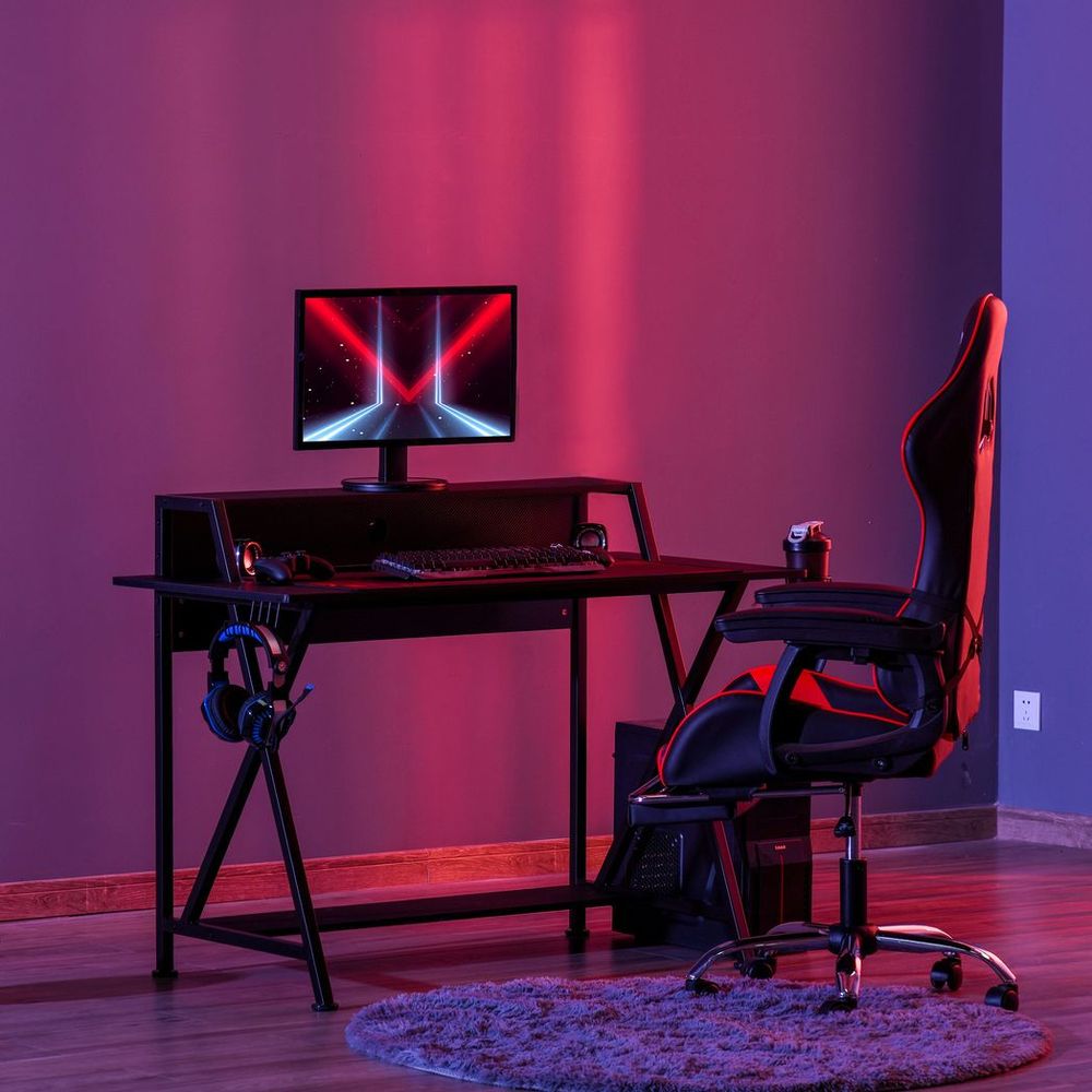 Racing Gaming Desk Carbon Fiber Style Computer Table w/Elevated Monitor - anydaydirect