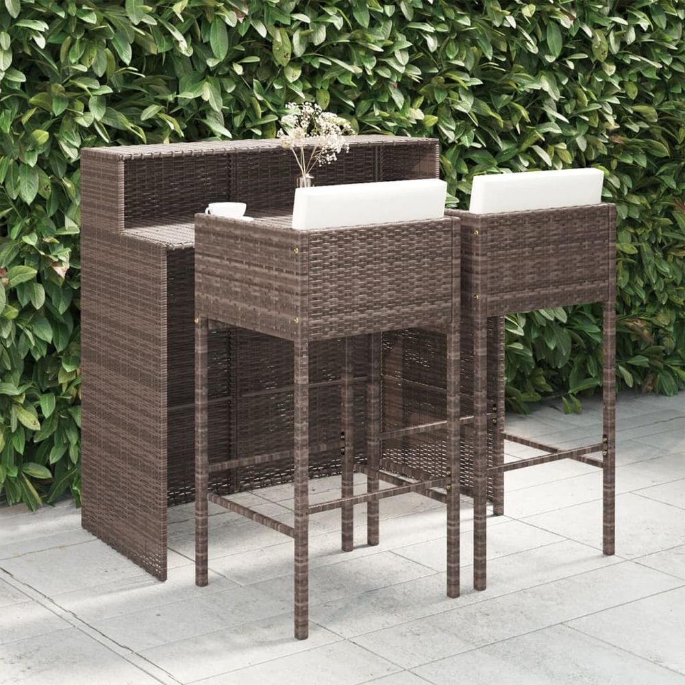 3 Piece Garden Bar Set with Cushions Poly Rattan Brown - anydaydirect