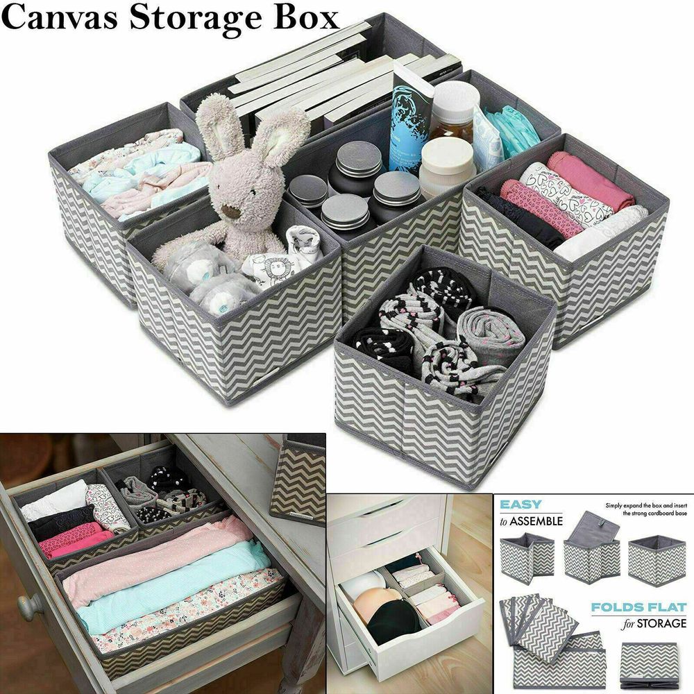 6 Set Canvas Wardrobe Foldable Drawer Organiser Storage Box Divider Tidy Clothes - anydaydirect