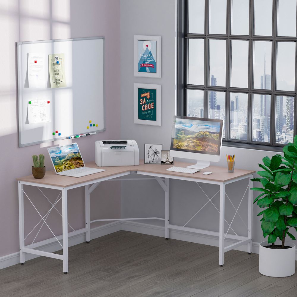 Corner L-Shape Desk Home Office Gaming Computer PC Workstation Oak - anydaydirect