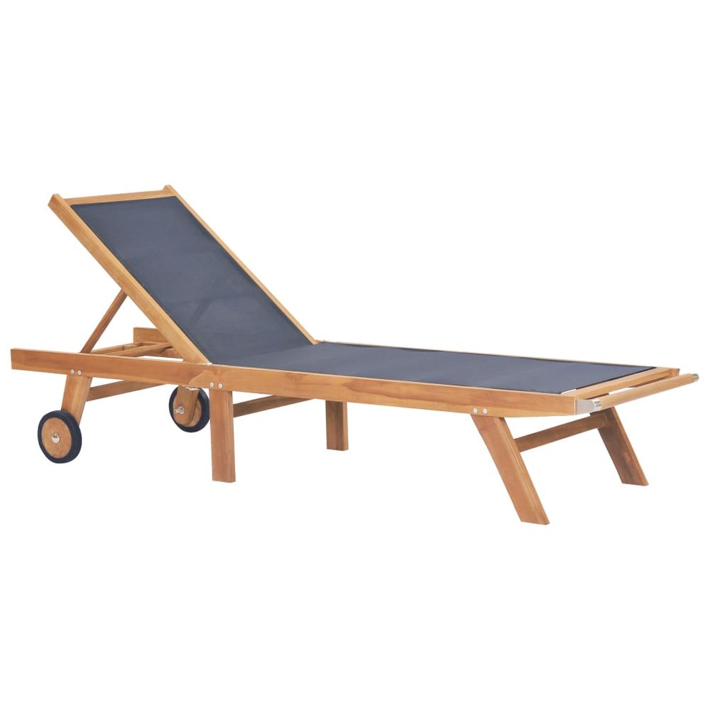 Folding Sun Lounger with Wheels Solid Teak and Textilene - anydaydirect
