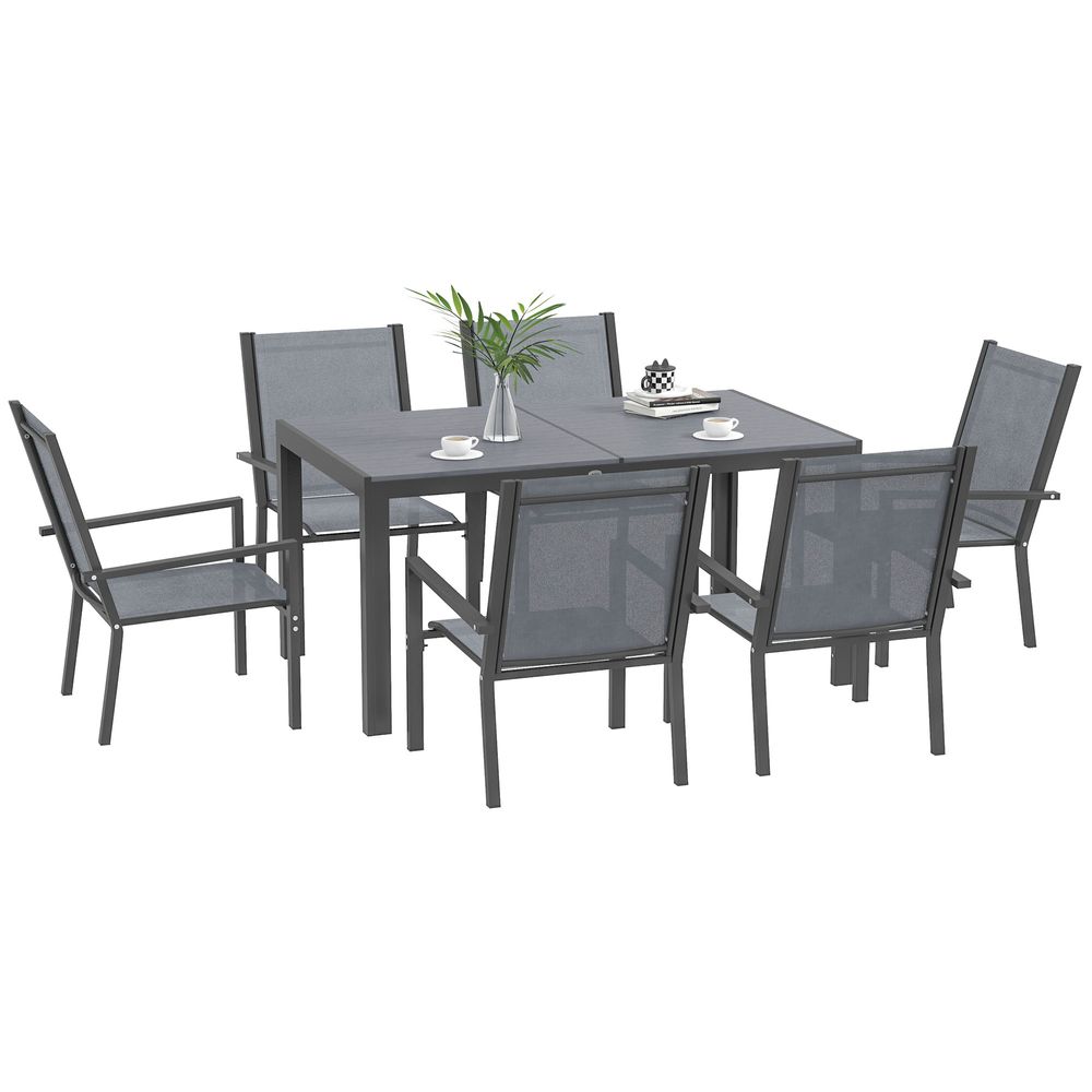 Outsunny 7 PCs Garden Dining Set, Wood-plastic Composite Table & 6 Chairs, Grey - anydaydirect