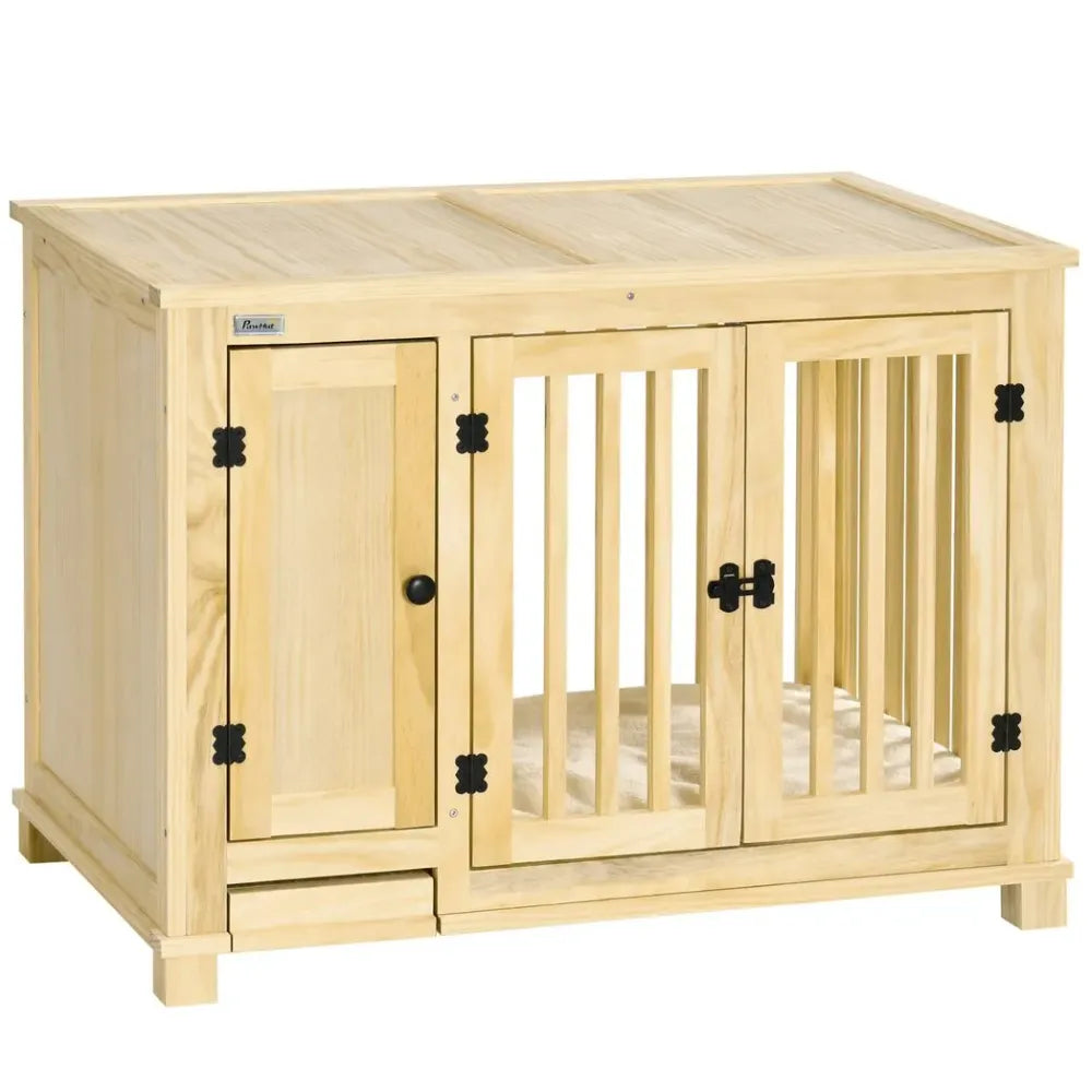 Wooden Dog Crate Furniture W/ Drawer Bowl Storage Cushion for Small Dogs Natural - anydaydirect