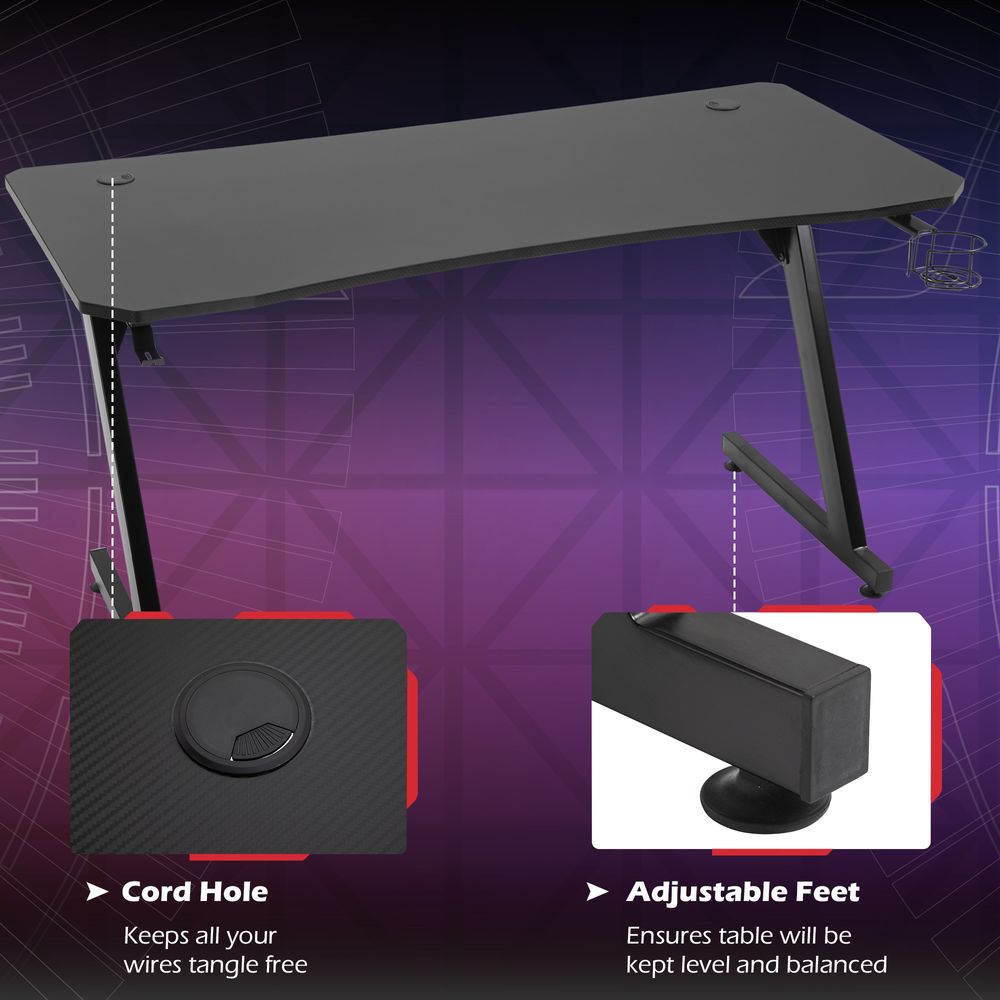 Gaming Desk Steel Frame Cup Headphone Holder Adjustable Feet Home Black - anydaydirect