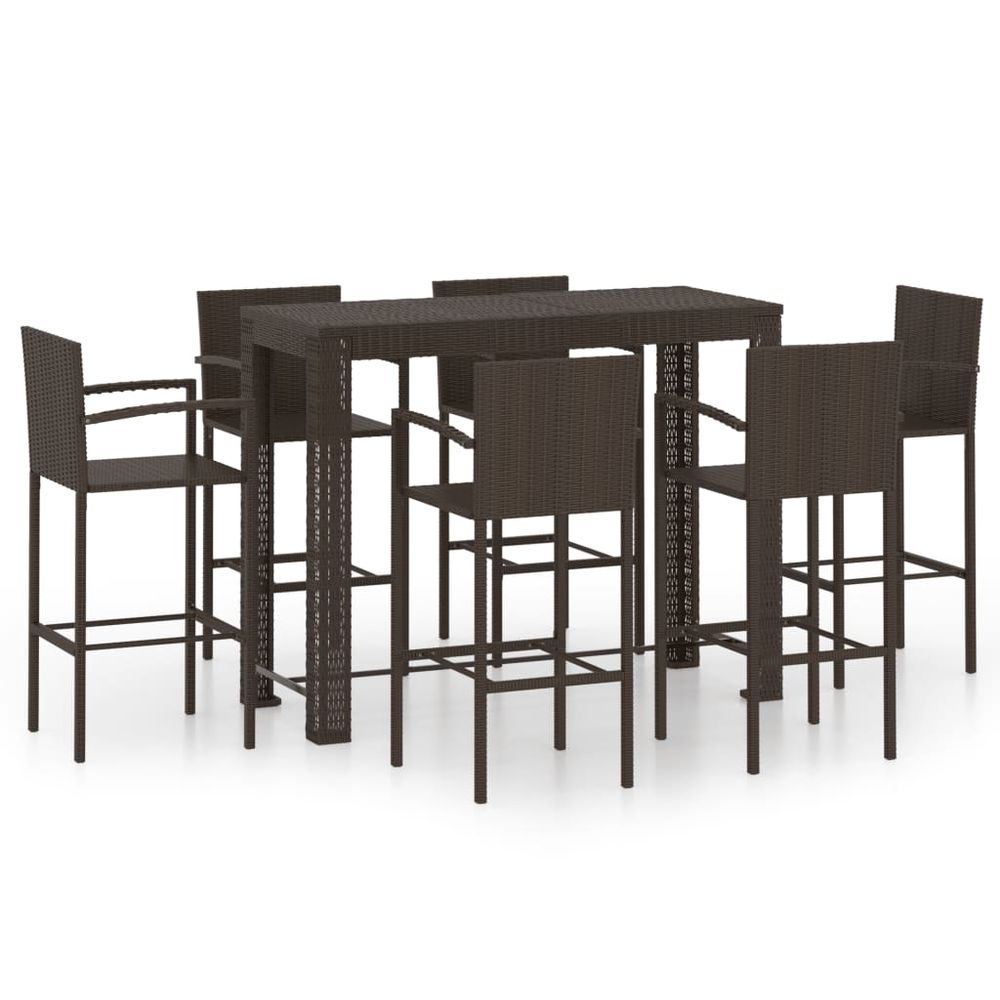 7 Piece Outdoor Bar Set with Armrest Poly Rattan Brown - anydaydirect