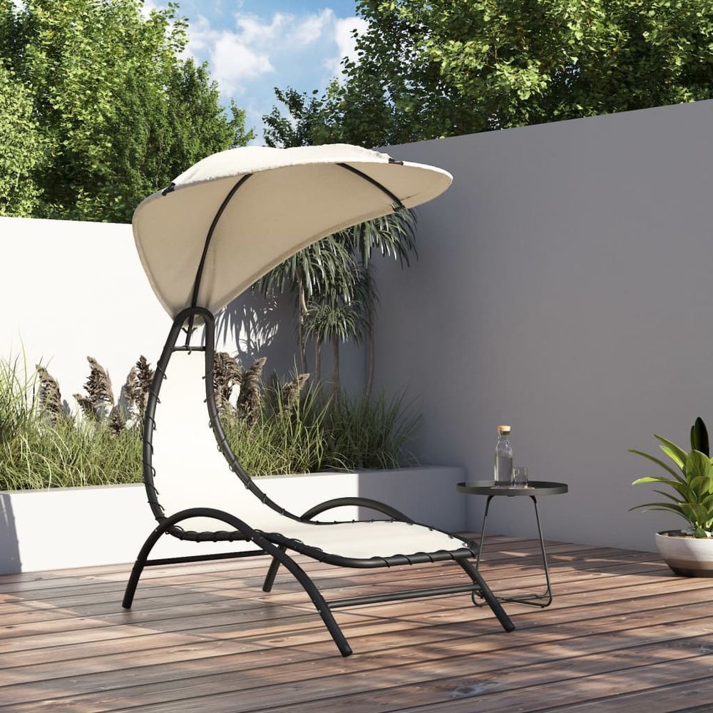 Sun Lounger with Canopy Cream 167x80x195 cm Fabric and Steel - anydaydirect