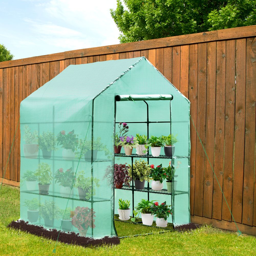 Outsunny Walk in Garden Greenhouse Outdoor Grow House w/ Shelves, 143x143x195cm - anydaydirect