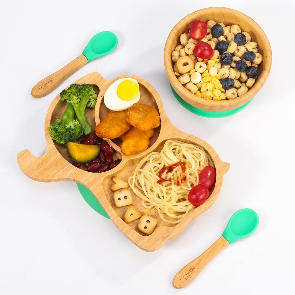 Bamboo Elephant Plate Bowl & Spoon Set Suction Bowl Stay-Put Design - anydaydirect