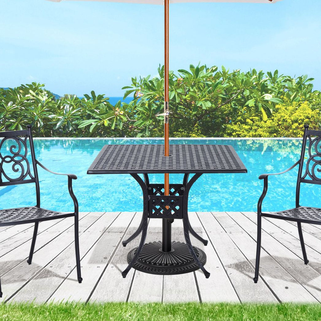 Outsunny Square Aluminium Outdoor Garden Dining Table with Umbrella Hole, Black - anydaydirect