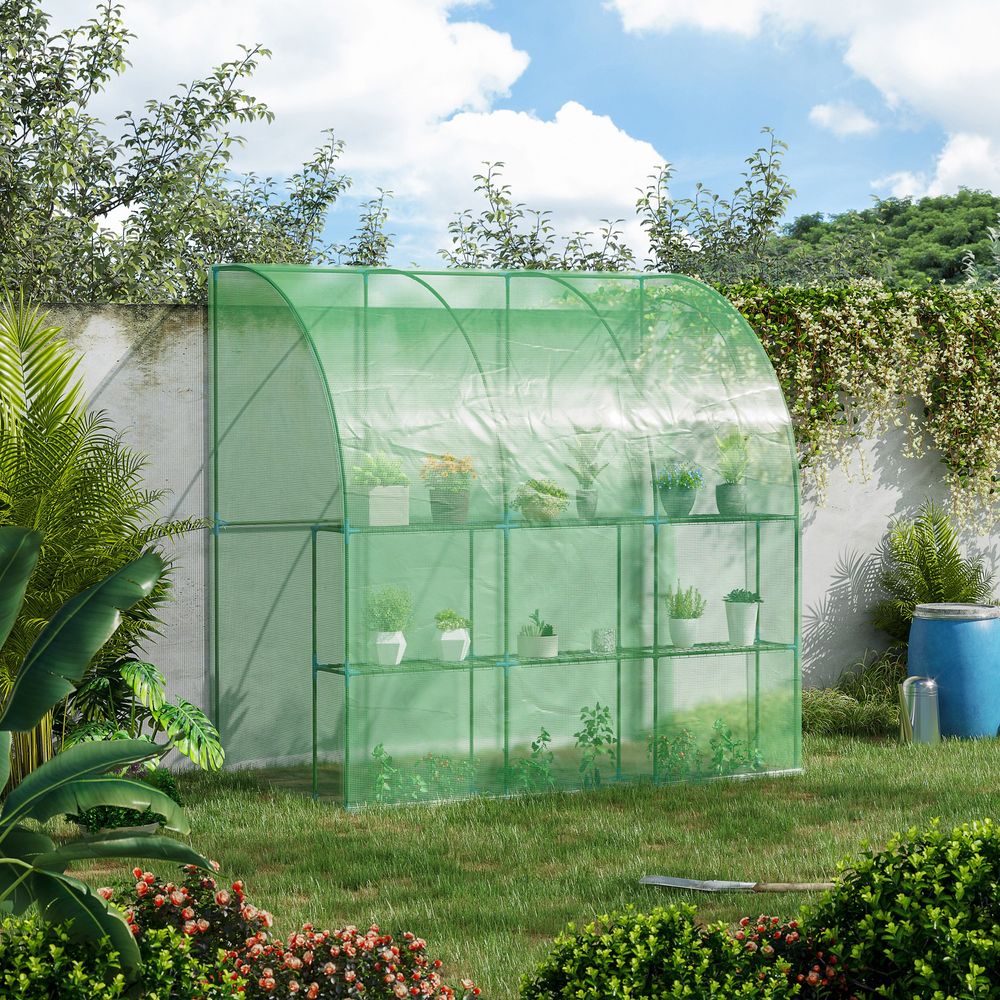 Outsunny 214 x 120 x 215cm Walk-In Lean to Wall Tunnel Greenhouse w/ Door - anydaydirect